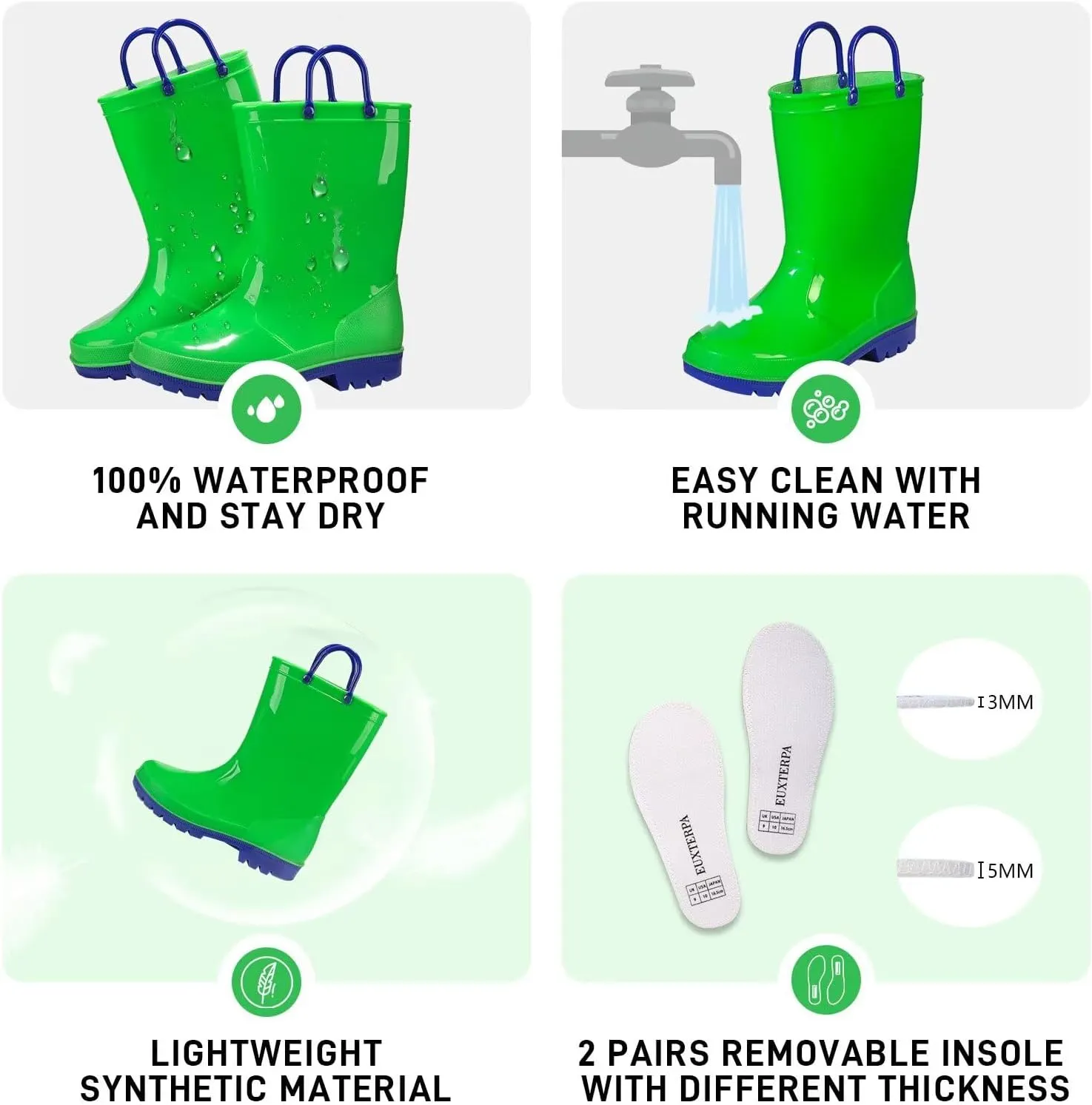 EUXTERPA Boys Girls Waterproof Rain Boots Kids Toddler Solid Color Boots with Easy On Handles