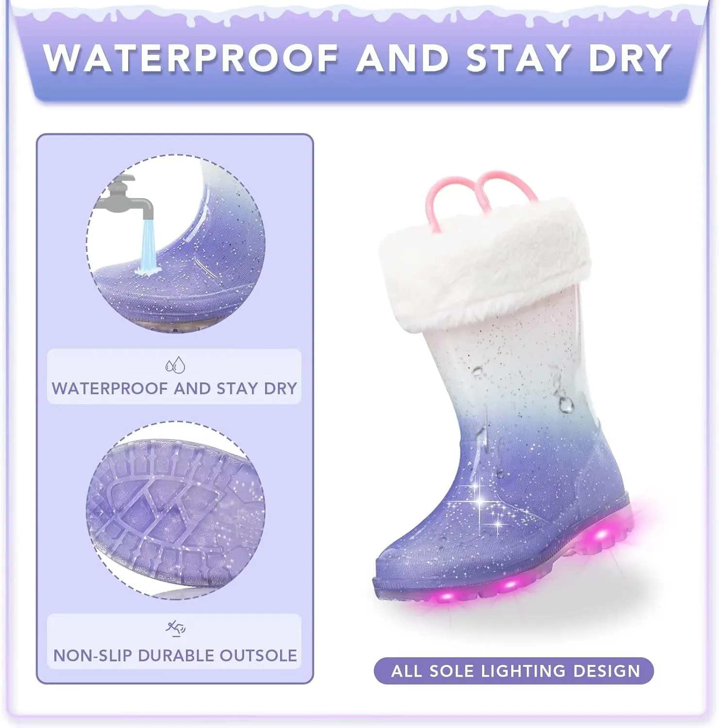 EUXTERPA Toddler Kids Light Up/Solid Color Rain Boots Waterproof Warm Fleece Lined Boots for Boys Girls Winter Snow Boots