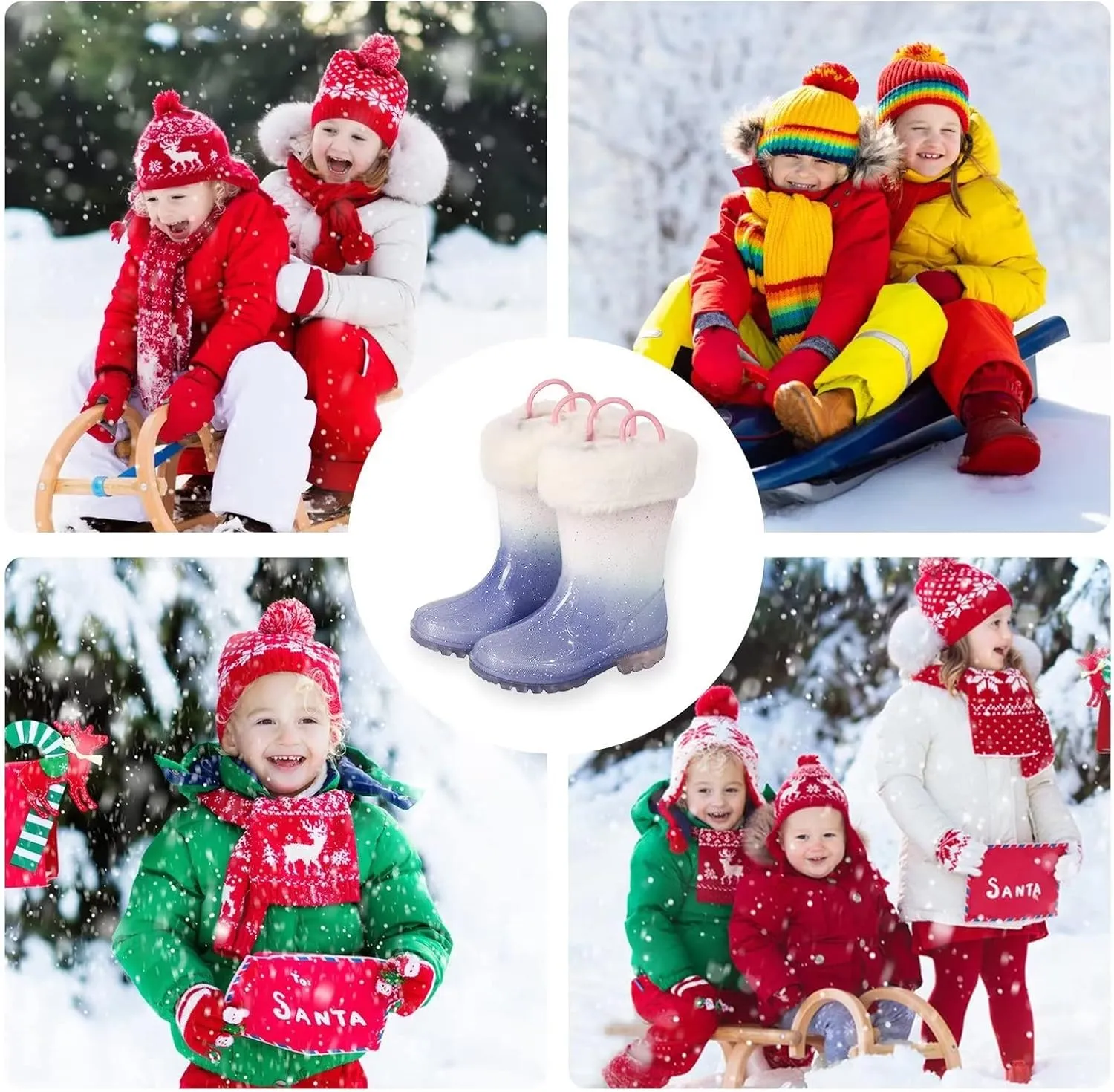 EUXTERPA Toddler Kids Light Up/Solid Color Rain Boots Waterproof Warm Fleece Lined Boots for Boys Girls Winter Snow Boots