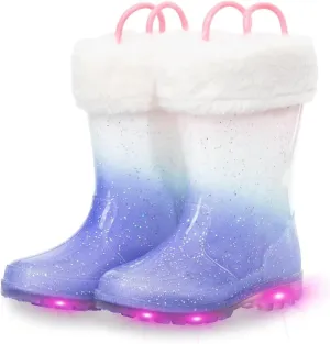 EUXTERPA Toddler Kids Light Up/Solid Color Rain Boots Waterproof Warm Fleece Lined Boots for Boys Girls Winter Snow Boots