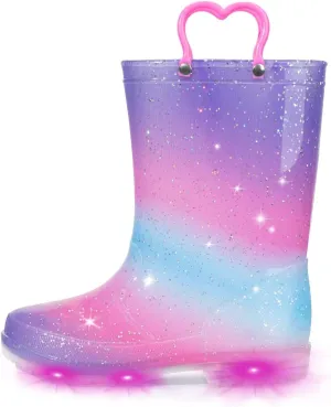 EUXTERPA Toddler Kids Waterproof Light Up Rain Boots Patterns and Glitter Boots with Handles for Boys Girls