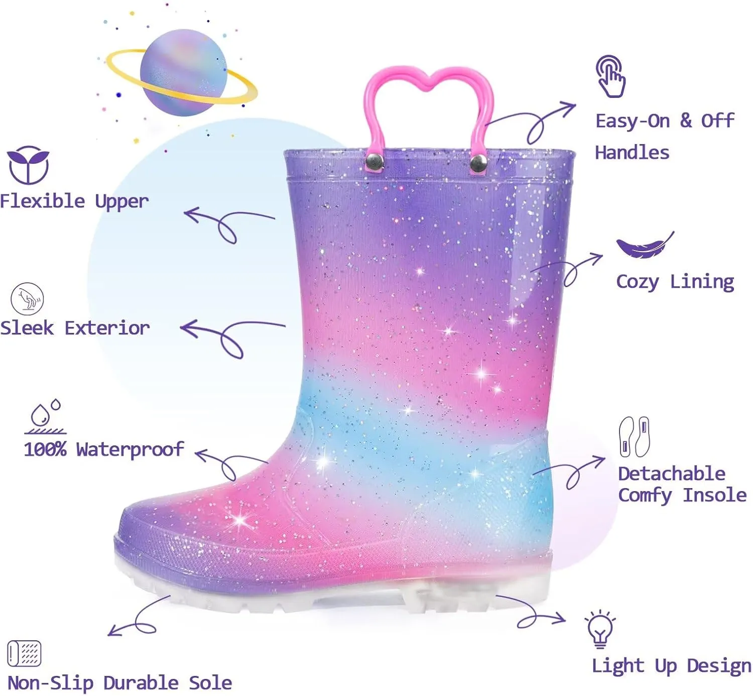 EUXTERPA Toddler Kids Waterproof Light Up Rain Boots Patterns and Glitter Boots with Handles for Boys Girls