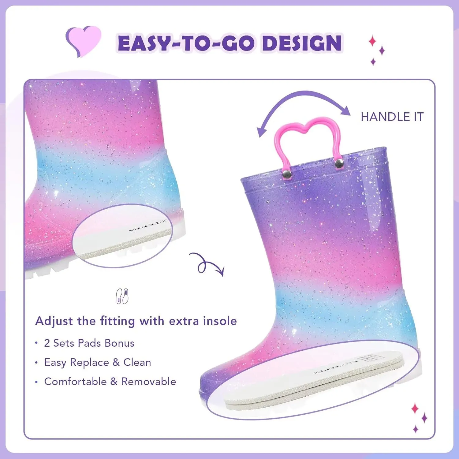 EUXTERPA Toddler Kids Waterproof Light Up Rain Boots Patterns and Glitter Boots with Handles for Boys Girls
