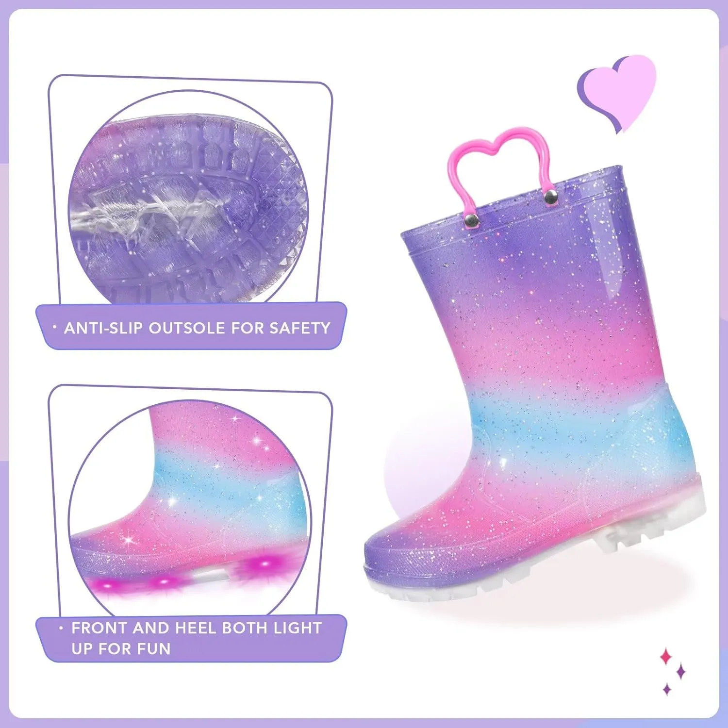 EUXTERPA Toddler Kids Waterproof Light Up Rain Boots Patterns and Glitter Boots with Handles for Boys Girls
