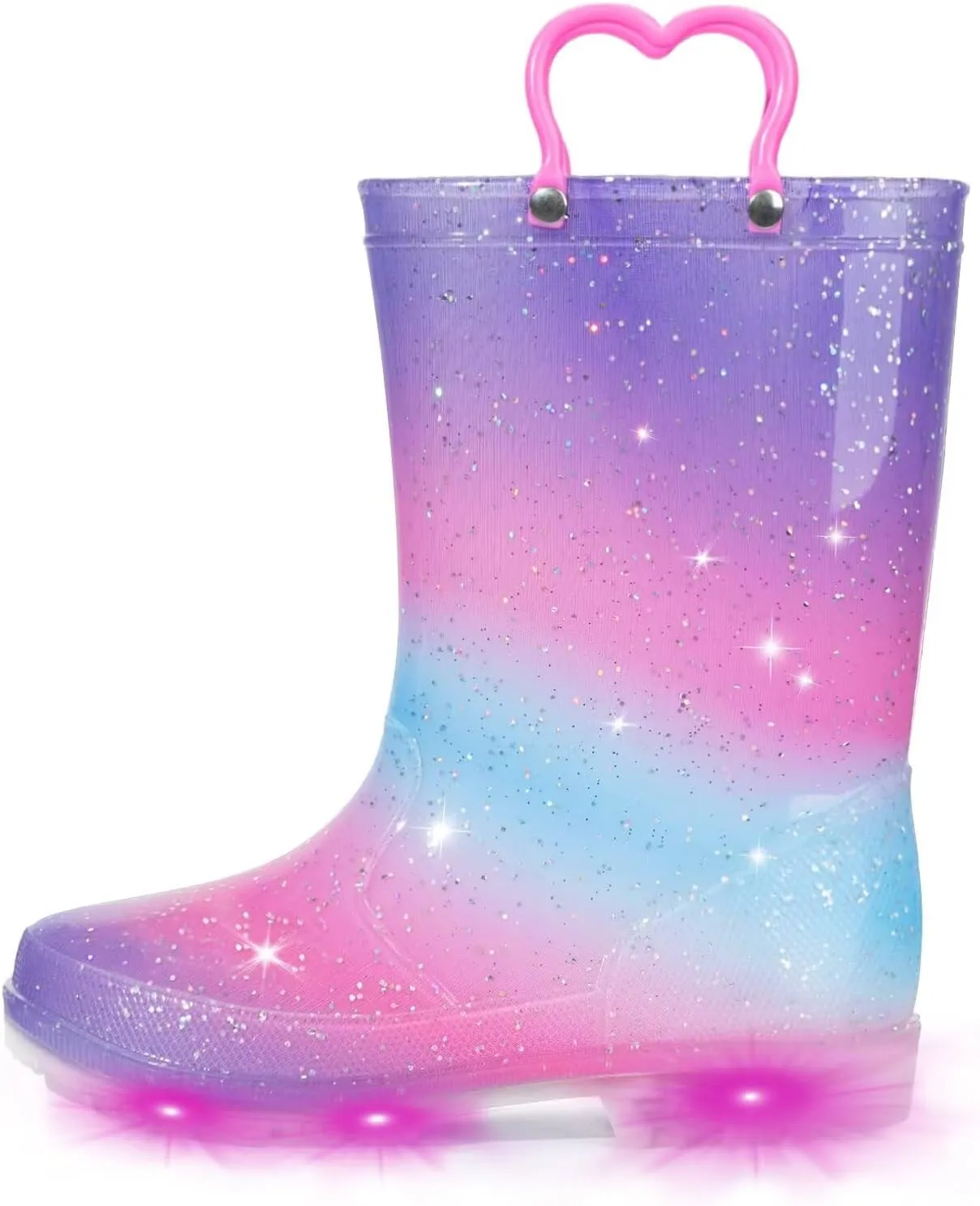 EUXTERPA Toddler Kids Waterproof Light Up Rain Boots Patterns and Glitter Boots with Handles for Boys Girls