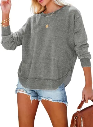 EVALESS Sweatshirt for Women Casual Solid Color Crewneck Long Sleeve Side Split Tops Loose Fit Pullover Shirts