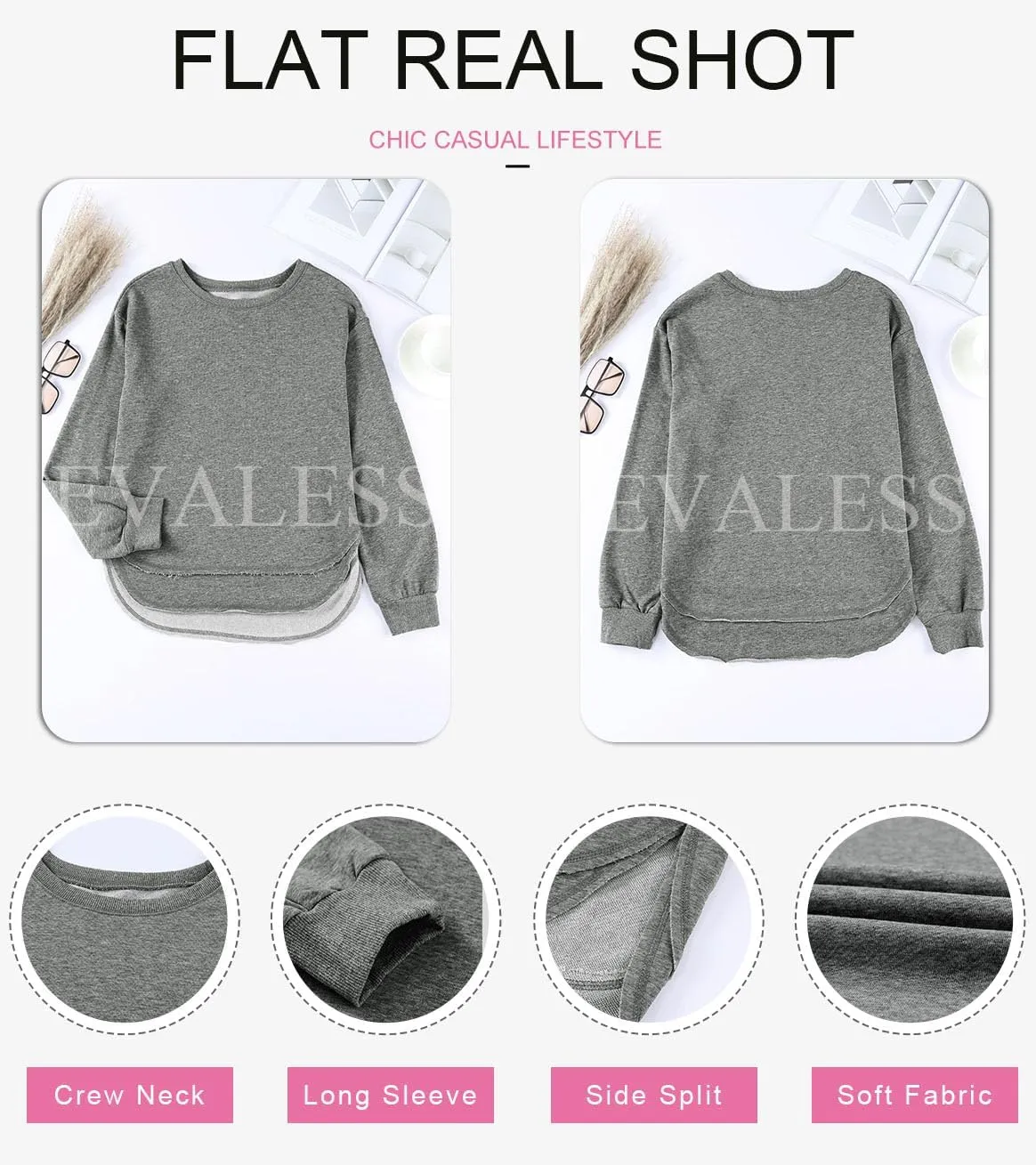 EVALESS Sweatshirt for Women Casual Solid Color Crewneck Long Sleeve Side Split Tops Loose Fit Pullover Shirts