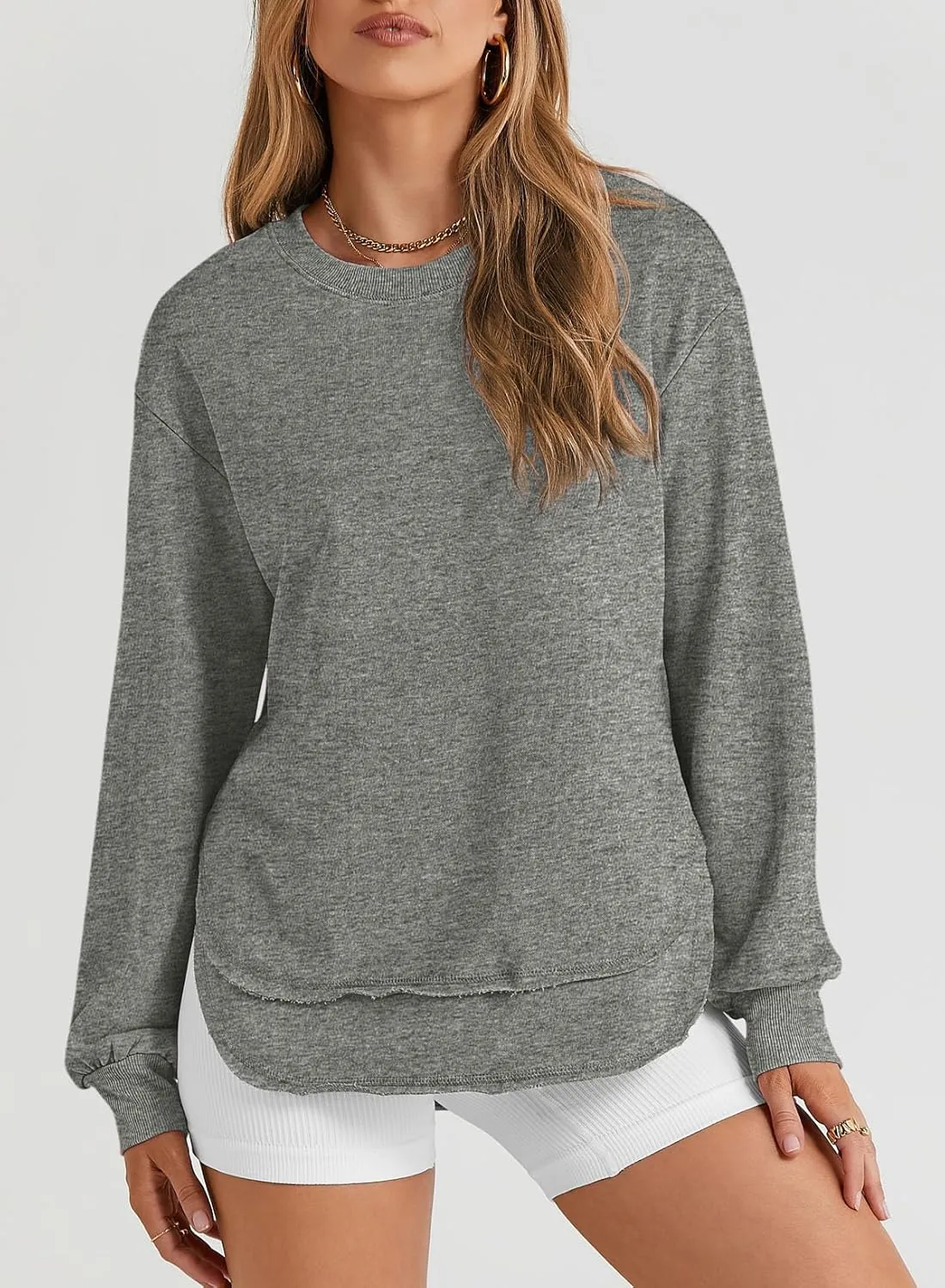 EVALESS Sweatshirt for Women Casual Solid Color Crewneck Long Sleeve Side Split Tops Loose Fit Pullover Shirts