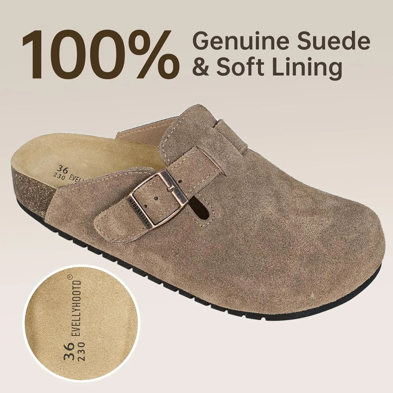 EVELLYHOOTD Clogs for Women Comfortable Suede Clogs Leather Mules Cork Footbed Sandals with Arch Support