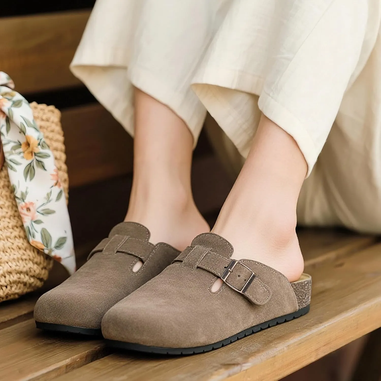 EVELLYHOOTD Clogs for Women Comfortable Suede Clogs Leather Mules Cork Footbed Sandals with Arch Support
