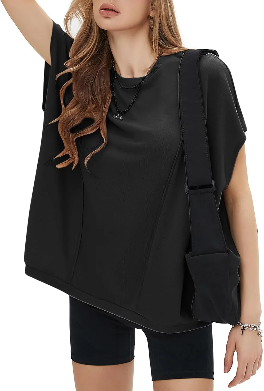 EXLURA Women's Summer Exposed Seams Oversized Tops 2025 Casual Workout T Shirts Trendy Pleated Dressy Crewneck Tunic Outfits