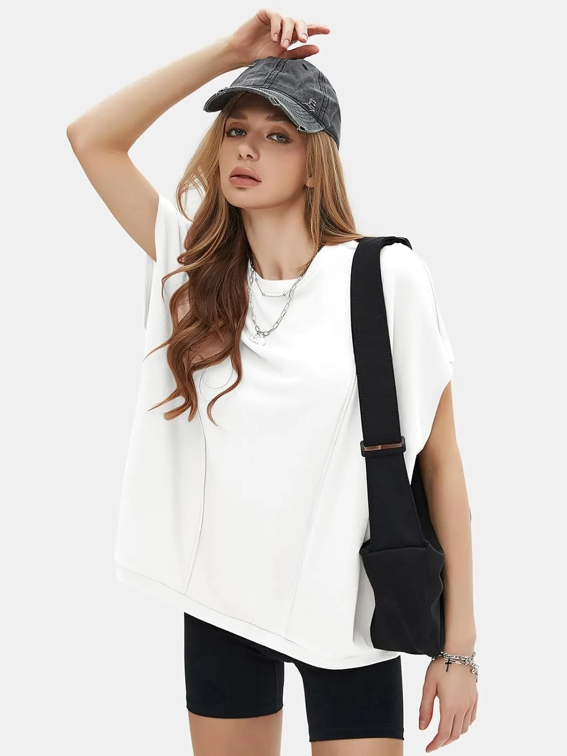 EXLURA Women's Summer Exposed Seams Oversized Tops 2025 Casual Workout T Shirts Trendy Pleated Dressy Crewneck Tunic Outfits