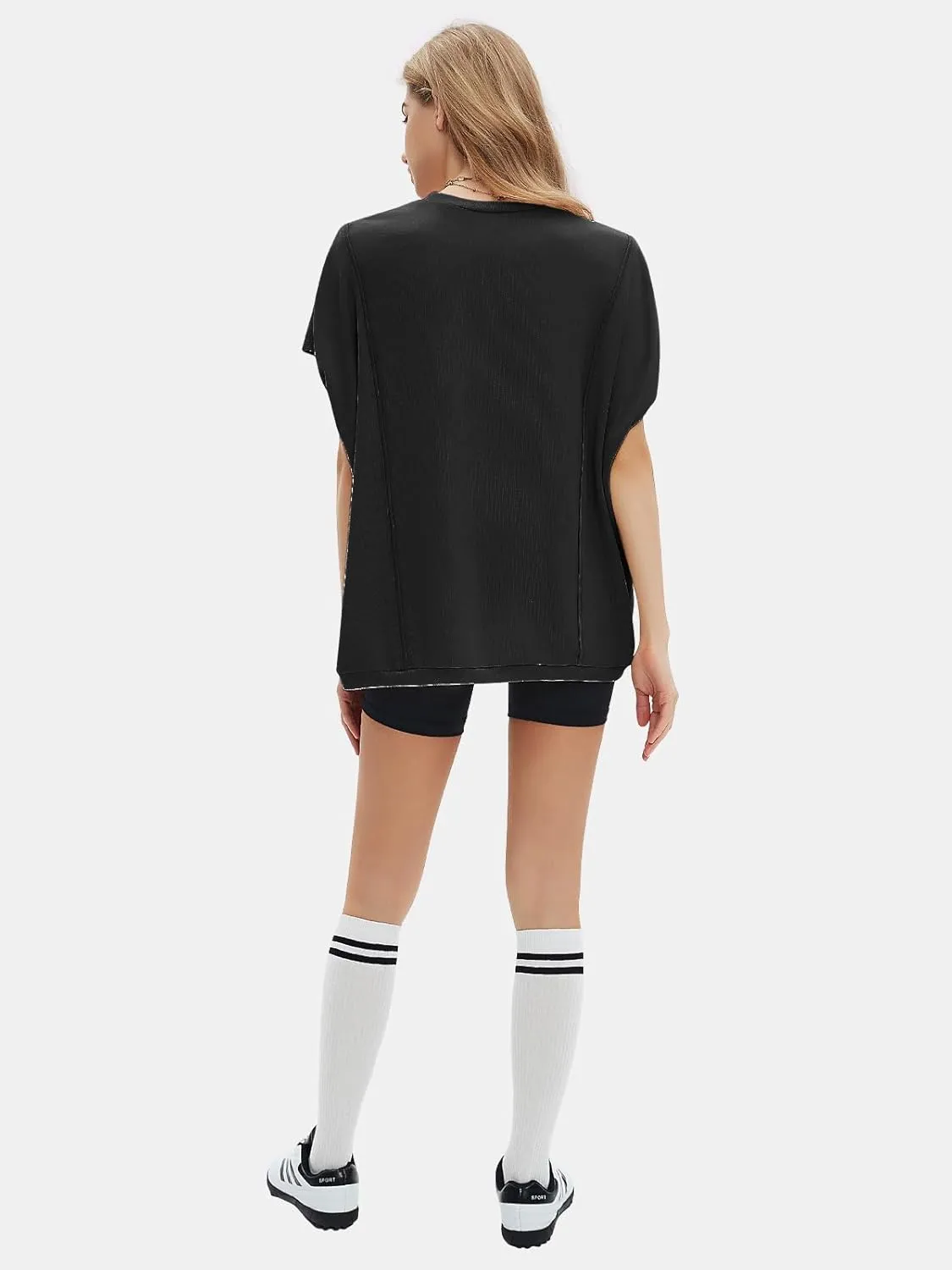 EXLURA Women's Summer Exposed Seams Oversized Tops 2025 Casual Workout T Shirts Trendy Pleated Dressy Crewneck Tunic Outfits