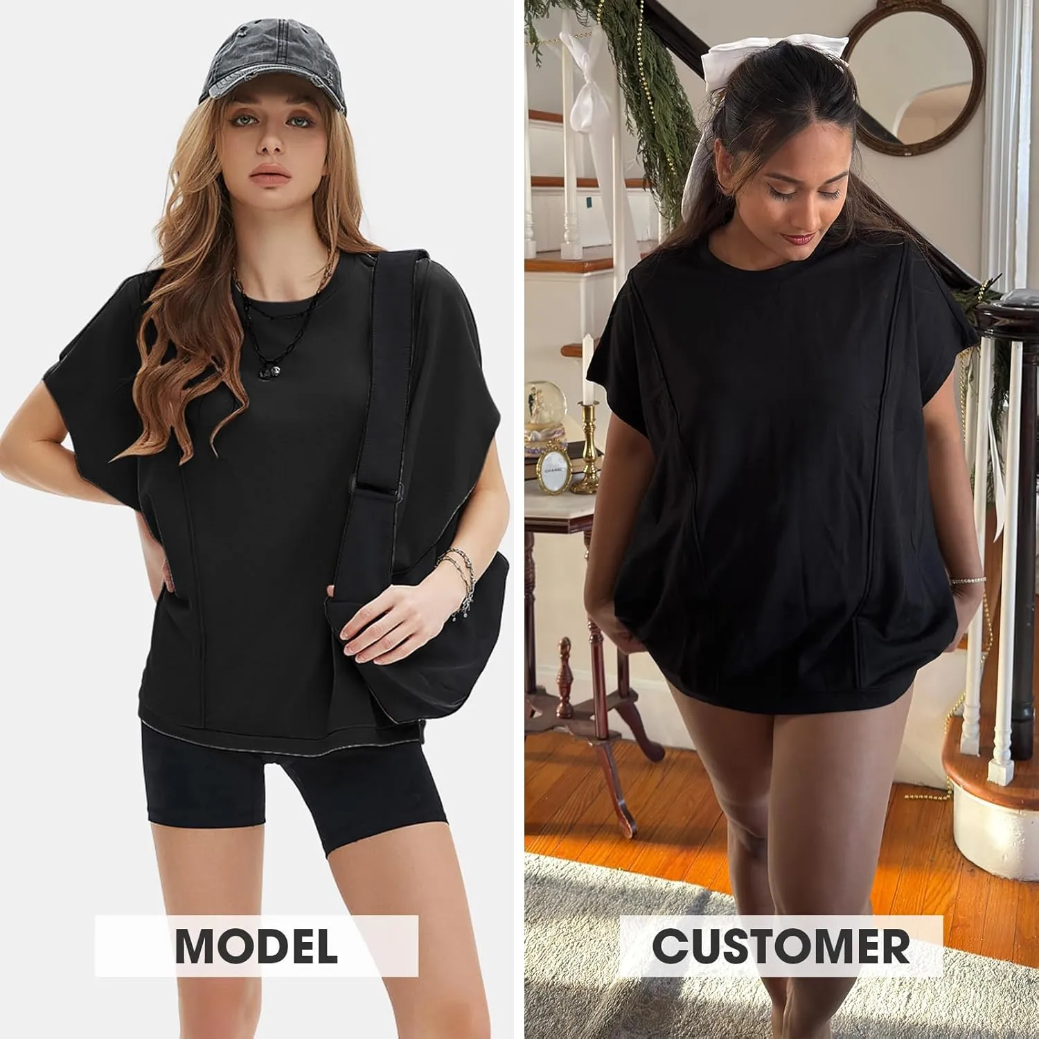 EXLURA Women's Summer Exposed Seams Oversized Tops 2025 Casual Workout T Shirts Trendy Pleated Dressy Crewneck Tunic Outfits