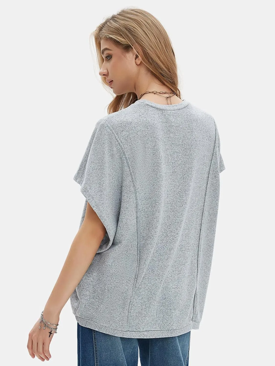 EXLURA Women's Summer Exposed Seams Oversized Tops 2025 Casual Workout T Shirts Trendy Pleated Dressy Crewneck Tunic Outfits
