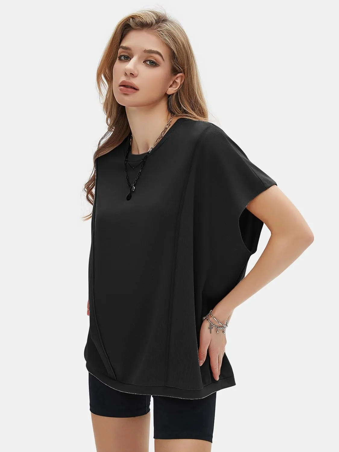 EXLURA Women's Summer Exposed Seams Oversized Tops 2025 Casual Workout T Shirts Trendy Pleated Dressy Crewneck Tunic Outfits