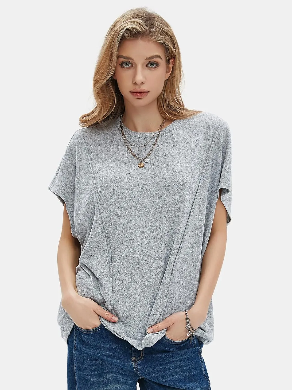 EXLURA Women's Summer Exposed Seams Oversized Tops 2025 Casual Workout T Shirts Trendy Pleated Dressy Crewneck Tunic Outfits