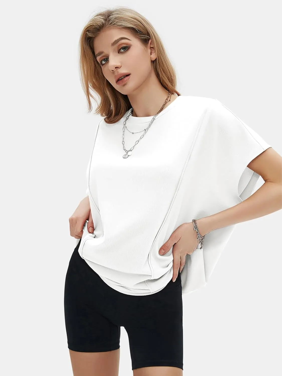 EXLURA Women's Summer Exposed Seams Oversized Tops 2025 Casual Workout T Shirts Trendy Pleated Dressy Crewneck Tunic Outfits