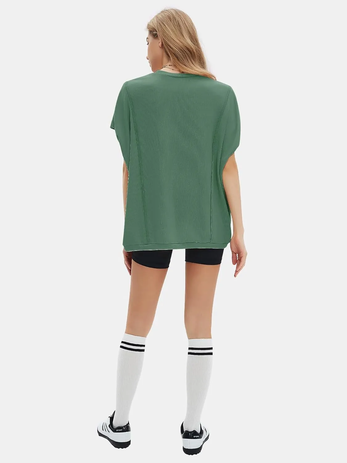 EXLURA Women's Summer Exposed Seams Oversized Tops 2025 Casual Workout T Shirts Trendy Pleated Dressy Crewneck Tunic Outfits