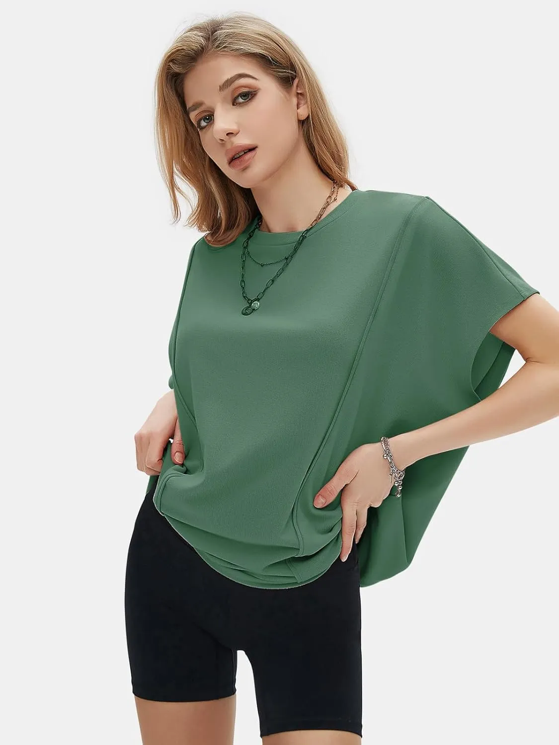 EXLURA Women's Summer Exposed Seams Oversized Tops 2025 Casual Workout T Shirts Trendy Pleated Dressy Crewneck Tunic Outfits