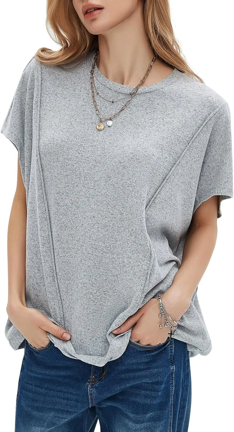 EXLURA Women's Summer Exposed Seams Oversized Tops 2025 Casual Workout T Shirts Trendy Pleated Dressy Crewneck Tunic Outfits