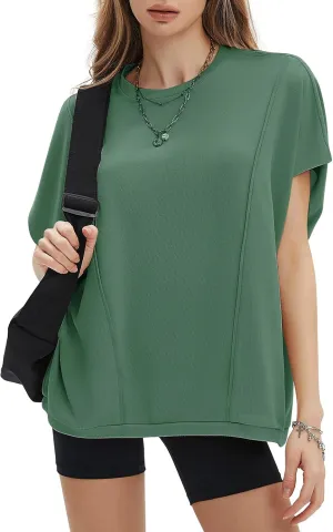 EXLURA Women's Summer Exposed Seams Oversized Tops 2025 Casual Workout T Shirts Trendy Pleated Dressy Crewneck Tunic Outfits