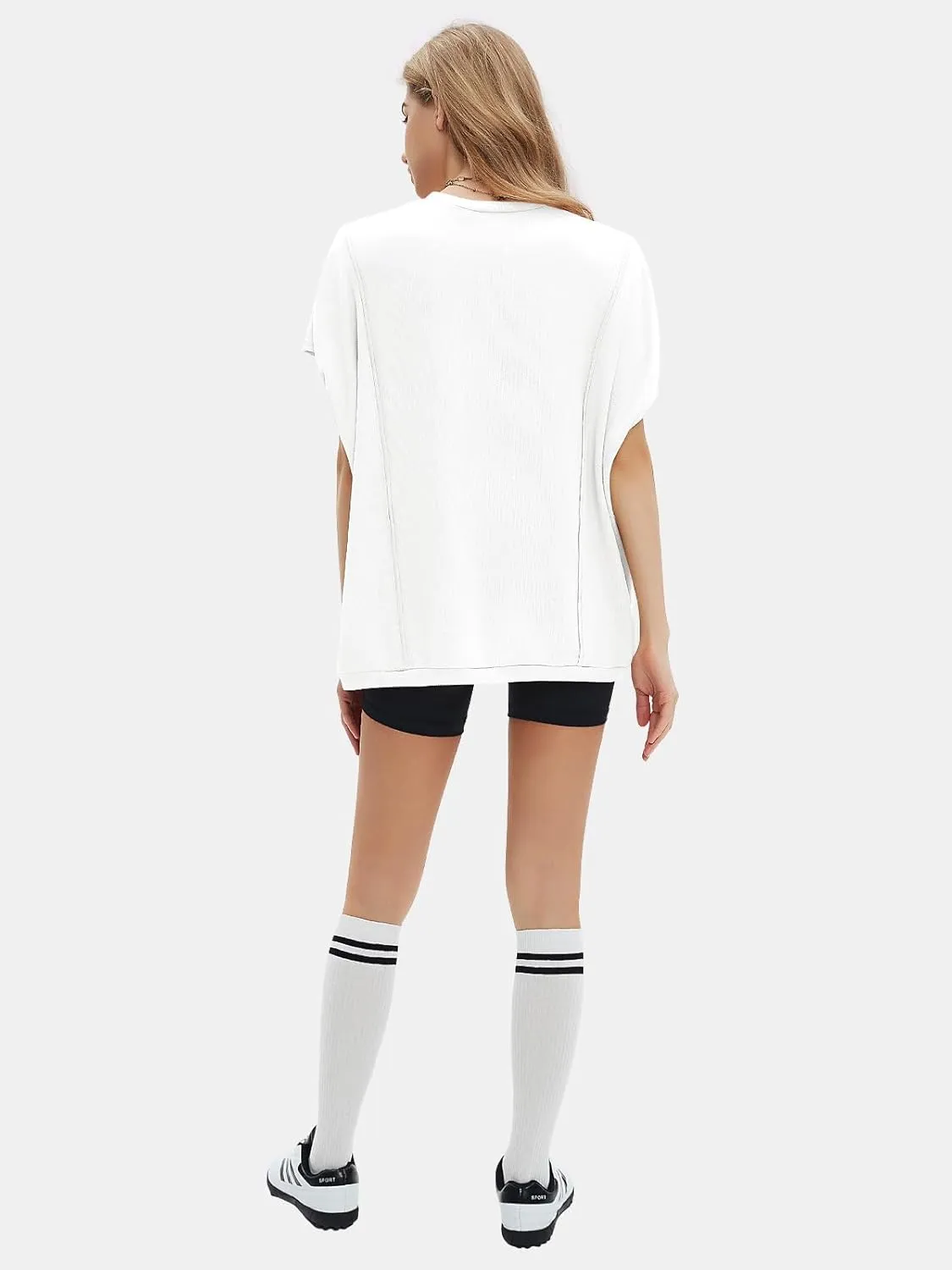 EXLURA Women's Summer Exposed Seams Oversized Tops 2025 Casual Workout T Shirts Trendy Pleated Dressy Crewneck Tunic Outfits