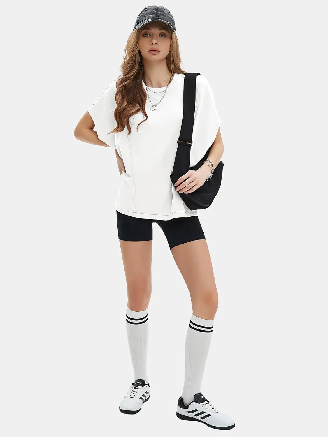 EXLURA Women's Summer Exposed Seams Oversized Tops 2025 Casual Workout T Shirts Trendy Pleated Dressy Crewneck Tunic Outfits