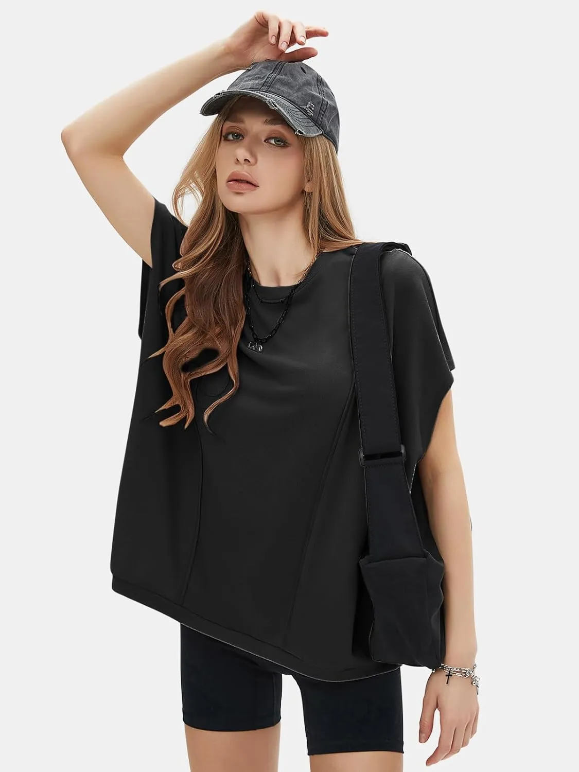 EXLURA Women's Summer Exposed Seams Oversized Tops 2025 Casual Workout T Shirts Trendy Pleated Dressy Crewneck Tunic Outfits