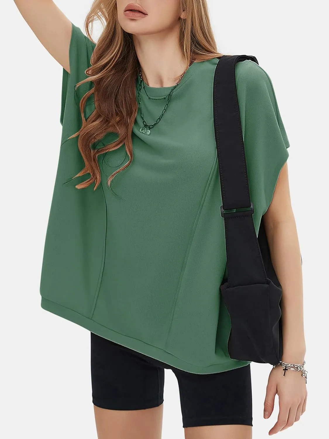 EXLURA Women's Summer Exposed Seams Oversized Tops 2025 Casual Workout T Shirts Trendy Pleated Dressy Crewneck Tunic Outfits
