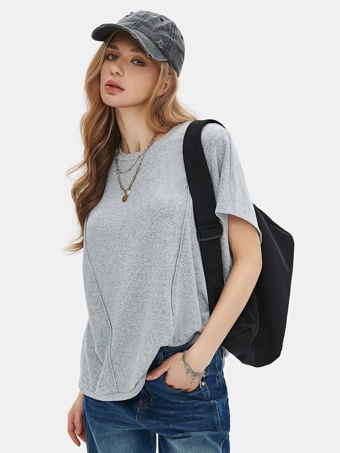 EXLURA Women's Summer Exposed Seams Oversized Tops 2025 Casual Workout T Shirts Trendy Pleated Dressy Crewneck Tunic Outfits