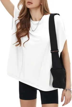 EXLURA Women's Summer Exposed Seams Oversized Tops 2025 Casual Workout T Shirts Trendy Pleated Dressy Crewneck Tunic Outfits