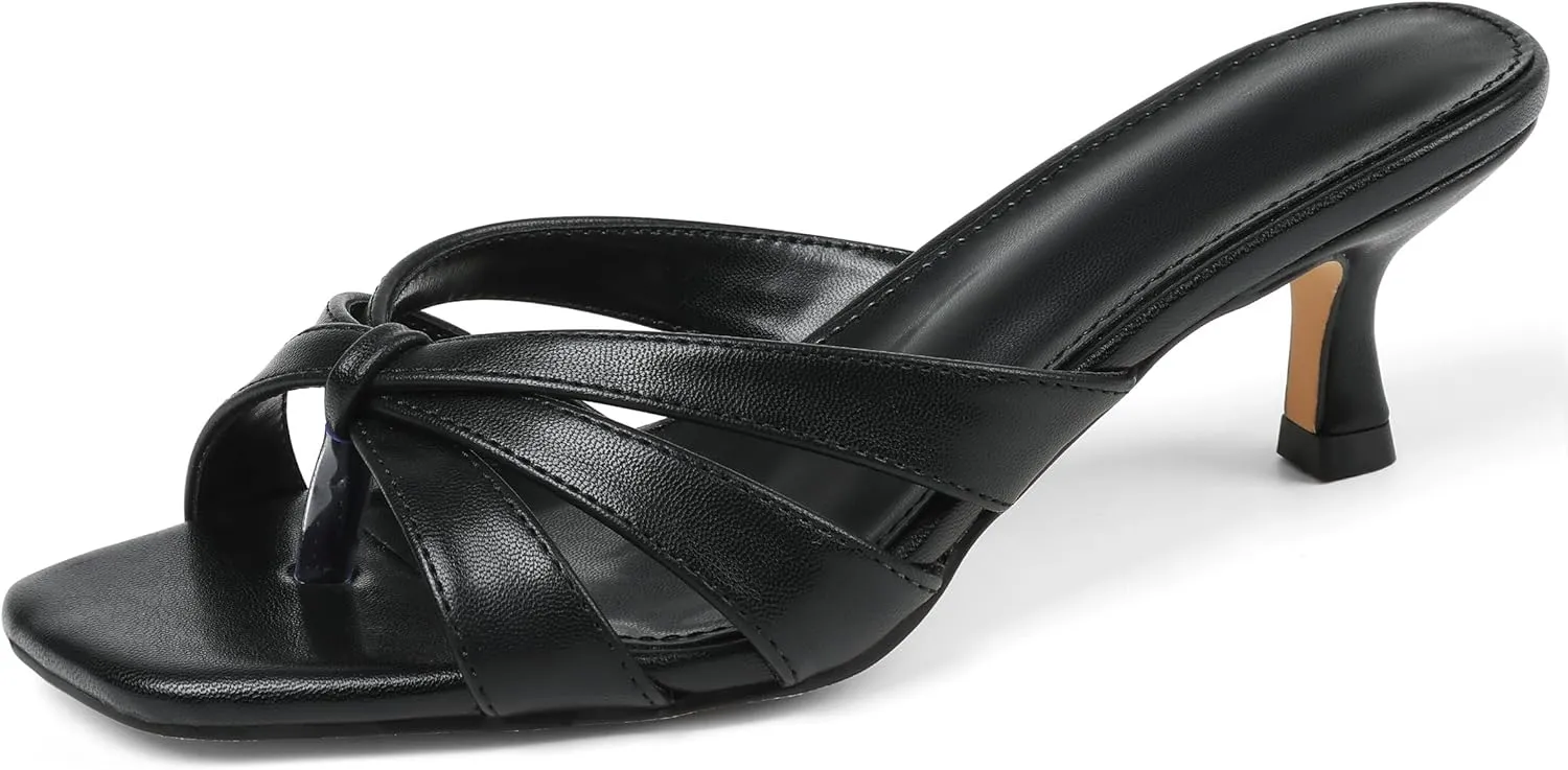 femflame Black Kitten Heels for Women Flip Flops Strappy Heels Summer Square Open Toe Slides Mules Low Heels Women's Heeled dressy Sandals