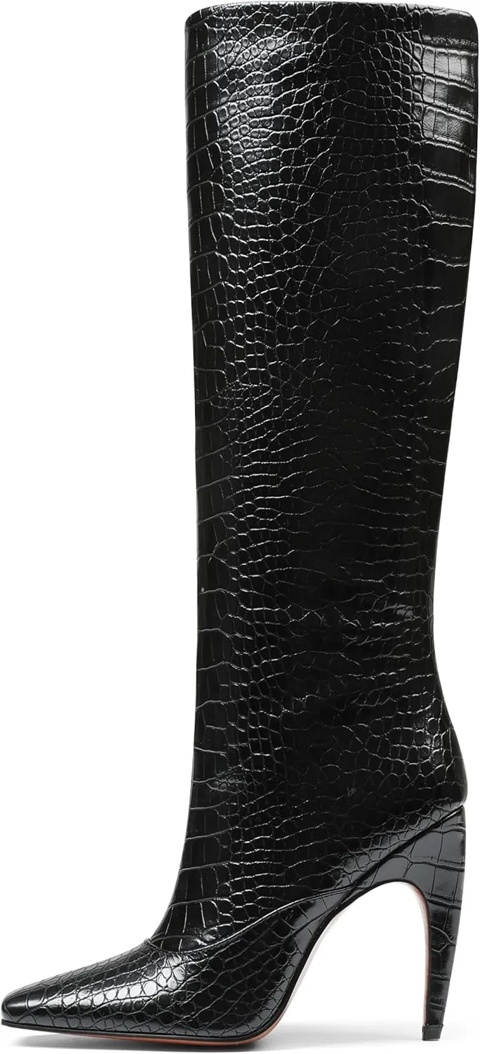 femflame Knee High Boots for Women Wide Calf Long Boots Suede Square Toe Pull On Stiletto Heel Tall Boots