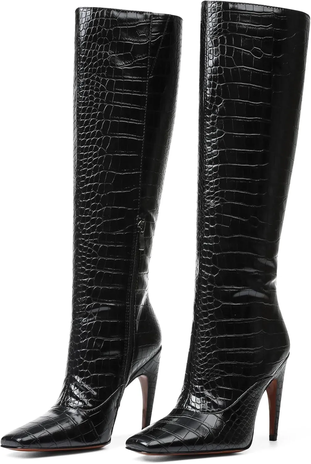 femflame Knee High Boots for Women Wide Calf Long Boots Suede Square Toe Pull On Stiletto Heel Tall Boots