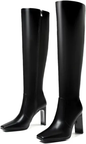 femflame Knee High Boots Women Chunky Heel Square Toe Long Boots Side Zipper Tall Boots for Women Wide Calf
