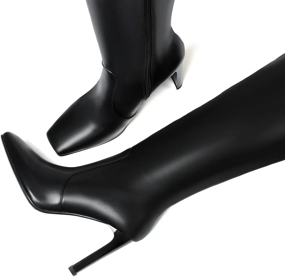 femflame Knee High Boots Women Chunky Heel Square Toe Long Boots Side Zipper Tall Boots for Women Wide Calf