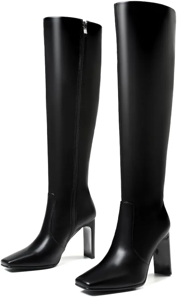 femflame Knee High Boots Women Chunky Heel Square Toe Long Boots Side Zipper Tall Boots for Women Wide Calf