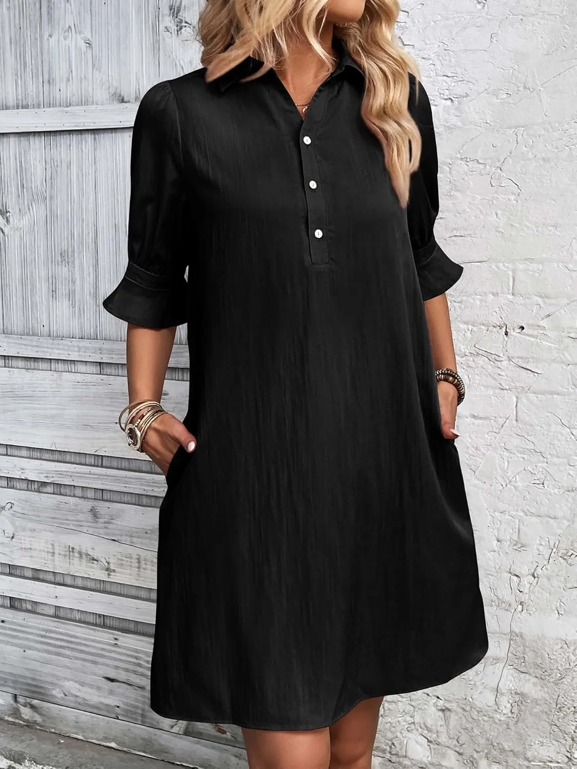 FENSACE Womens Casual Shirt Dress Ruffle Sleeve Solid Color Button Down Shift Summer Dresses with Pockets