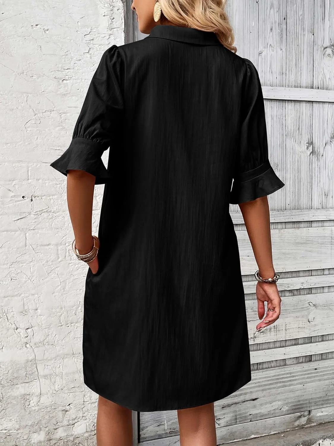 FENSACE Womens Casual Shirt Dress Ruffle Sleeve Solid Color Button Down Shift Summer Dresses with Pockets