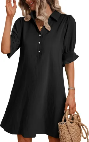 FENSACE Womens Casual Shirt Dress Ruffle Sleeve Solid Color Button Down Shift Summer Dresses with Pockets