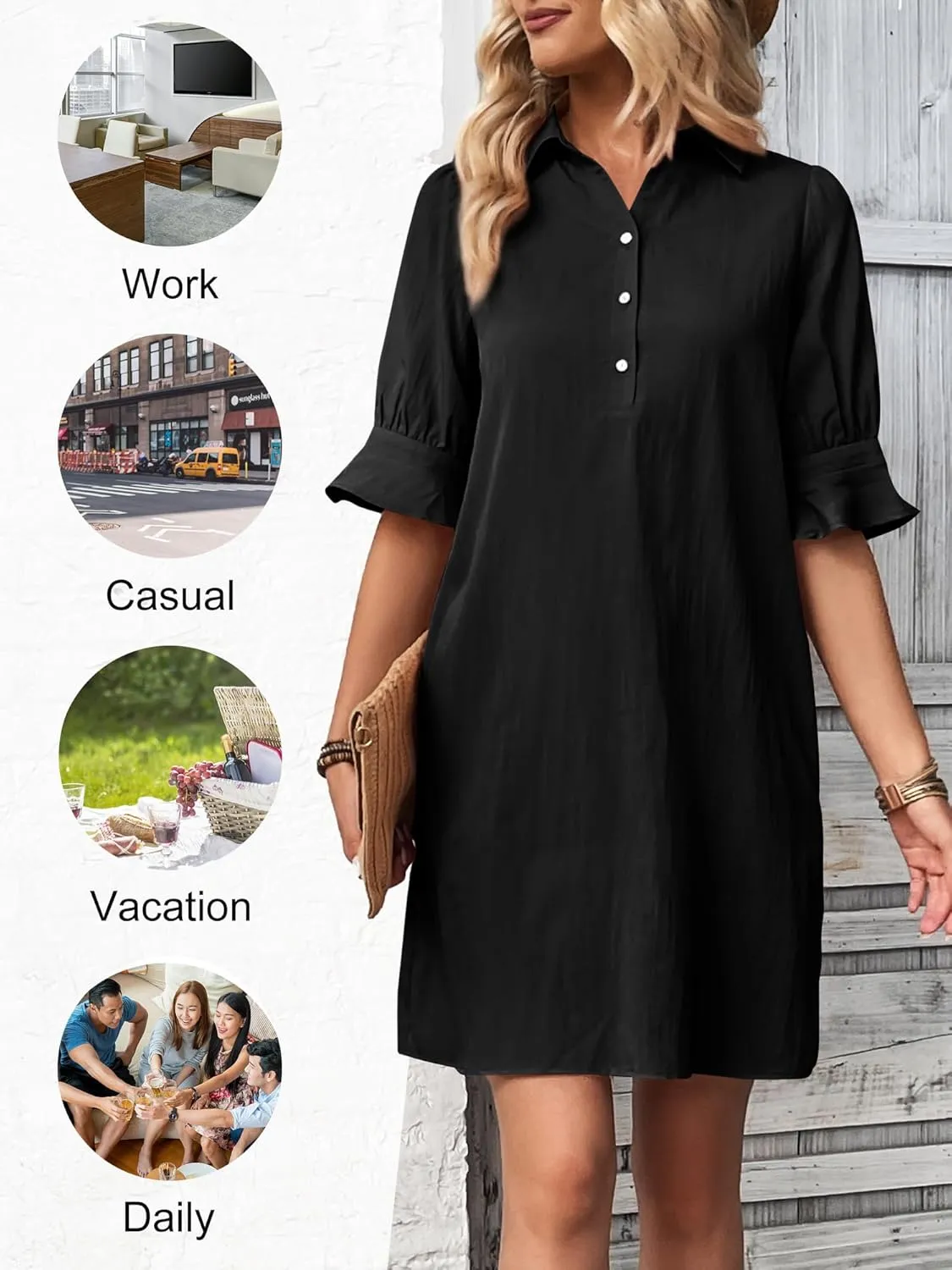 FENSACE Womens Casual Shirt Dress Ruffle Sleeve Solid Color Button Down Shift Summer Dresses with Pockets