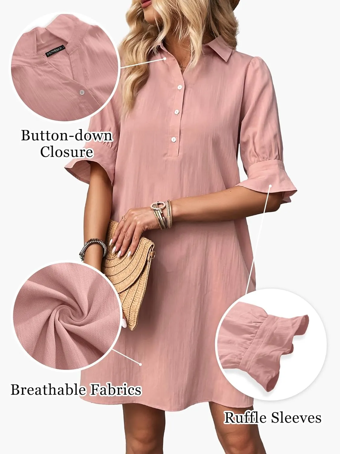 FENSACE Womens Casual Shirt Dress Ruffle Sleeve Solid Color Button Down Shift Summer Dresses with Pockets