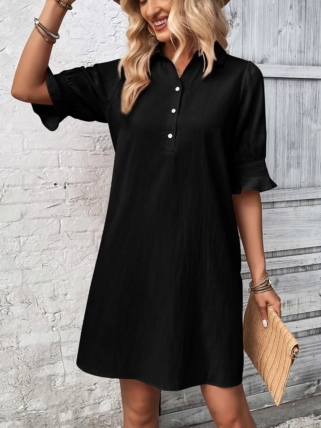 FENSACE Womens Casual Shirt Dress Ruffle Sleeve Solid Color Button Down Shift Summer Dresses with Pockets