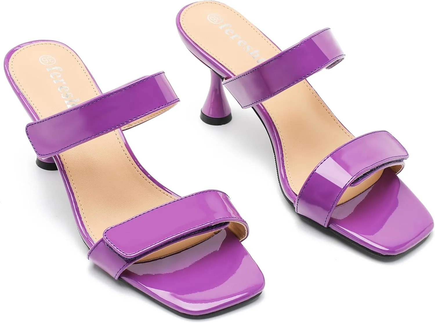 fereshte Womens 2 Strap Slip On Heeled Sandals Slip On Sandals Square Toe Kitten Heeled Mules