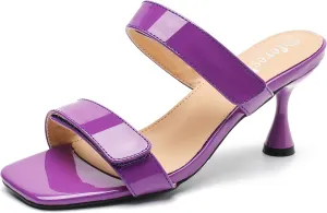 fereshte Womens 2 Strap Slip On Heeled Sandals Slip On Sandals Square Toe Kitten Heeled Mules