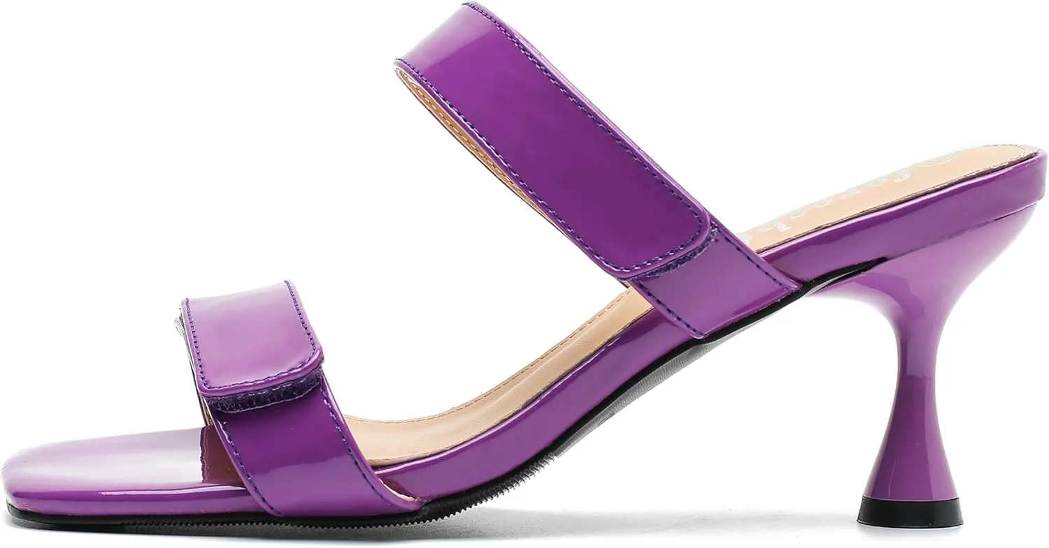 fereshte Womens 2 Strap Slip On Heeled Sandals Slip On Sandals Square Toe Kitten Heeled Mules
