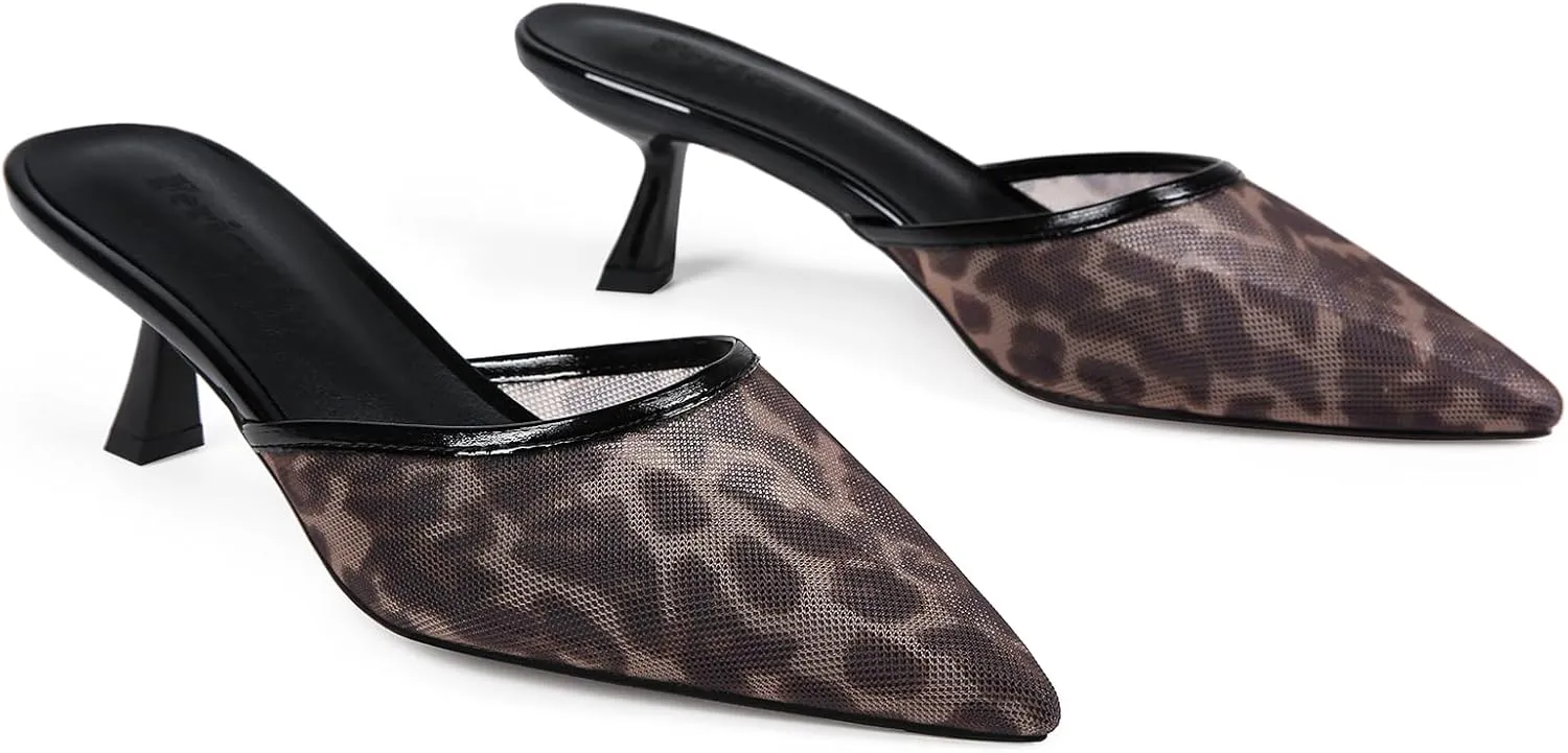 Fericzot Women Mesh Kitten Heel Mules-Slip on Backless Slides Pointed Closed Toe Low Stiletto Heels Wedding Party Daily Dress Shoes