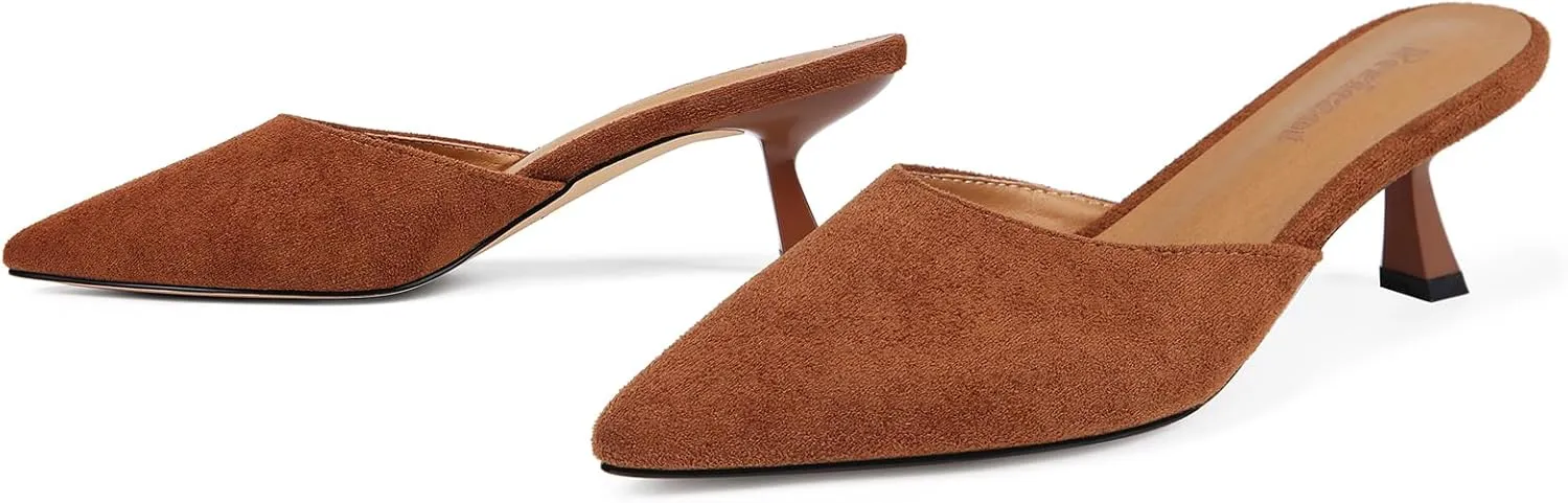 Fericzot Women Mesh Kitten Heel Mules-Slip on Backless Slides Pointed Closed Toe Low Stiletto Heels Wedding Party Daily Dress Shoes