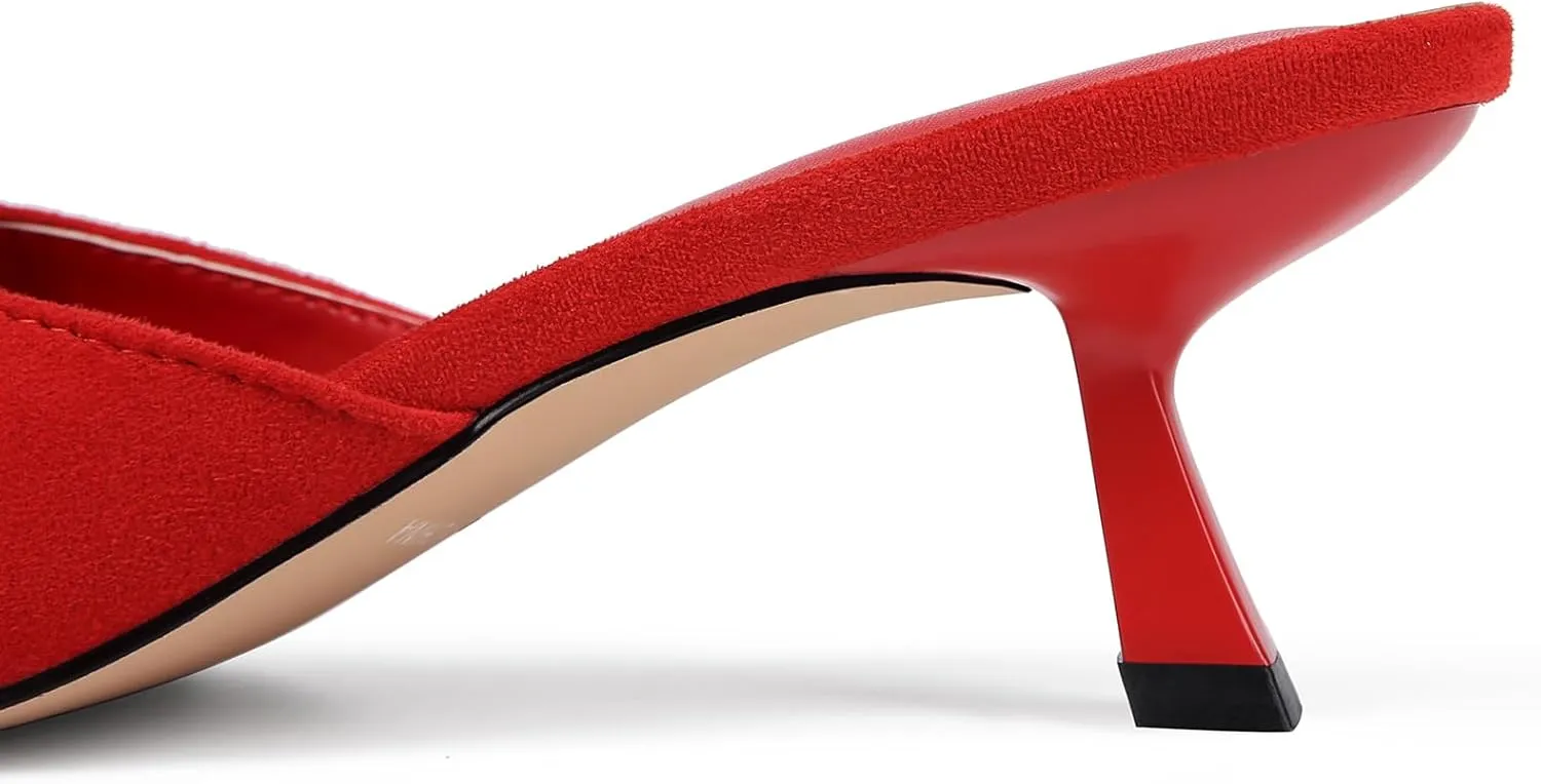 Fericzot Women Mesh Kitten Heel Mules-Slip on Backless Slides Pointed Closed Toe Low Stiletto Heels Wedding Party Daily Dress Shoes